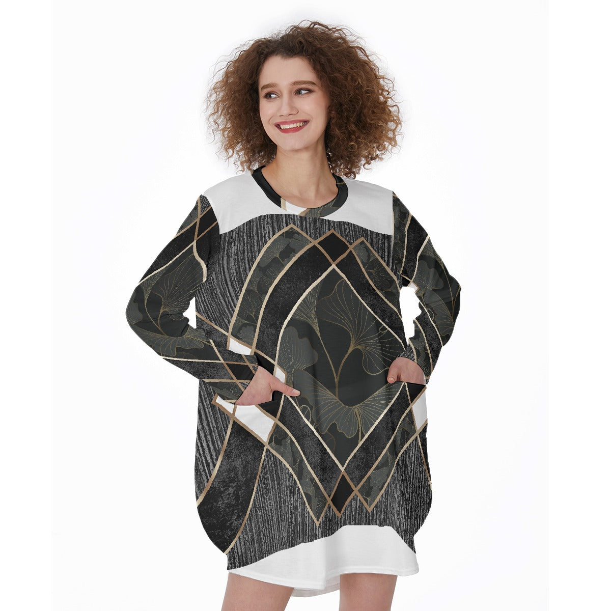 All-Over Print Women's Casual Loose Long Sleeve Dress With Pocket