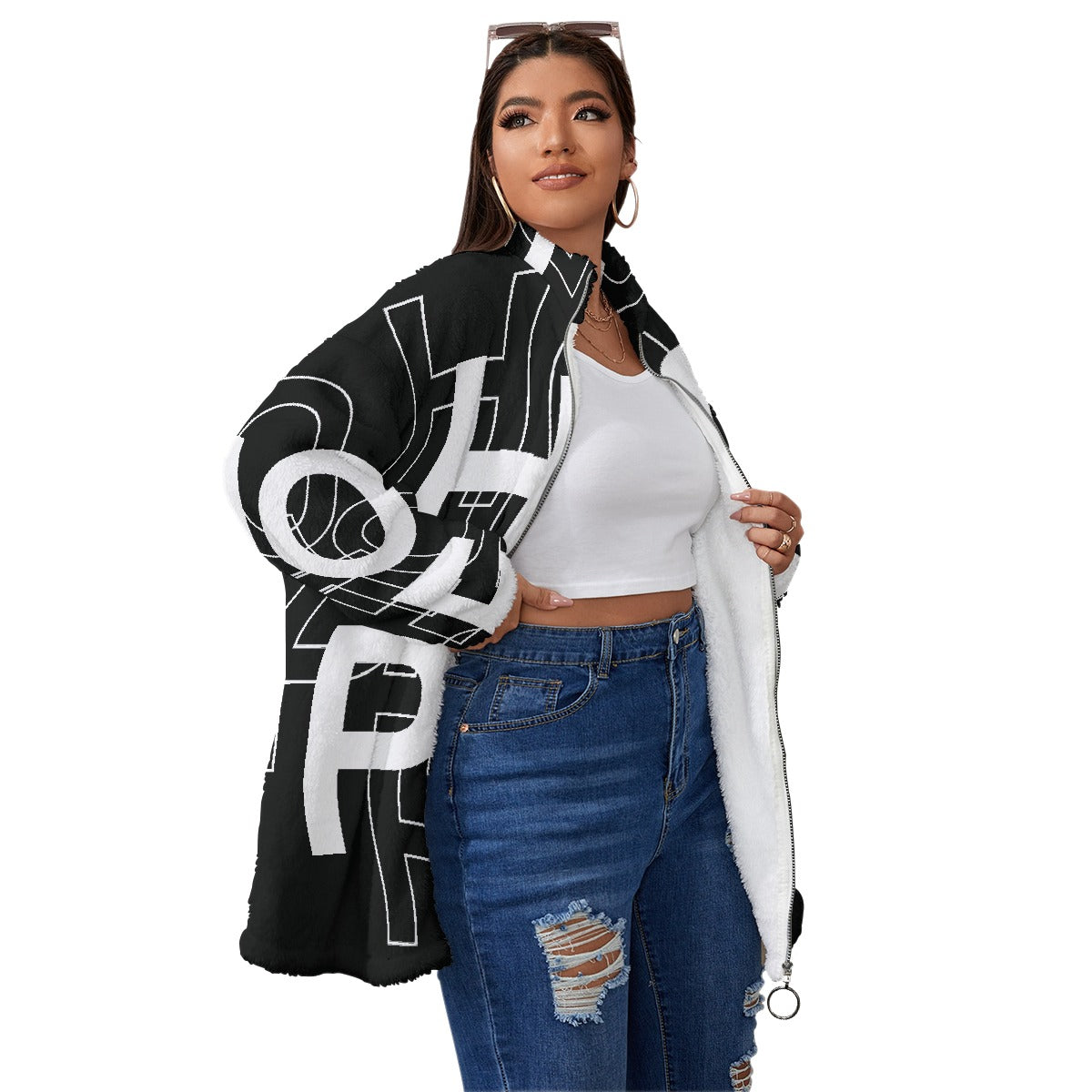 All-Over Print Unisex Borg Fleece Stand-up Collar Coat With Zipper Closure(Plus Size)