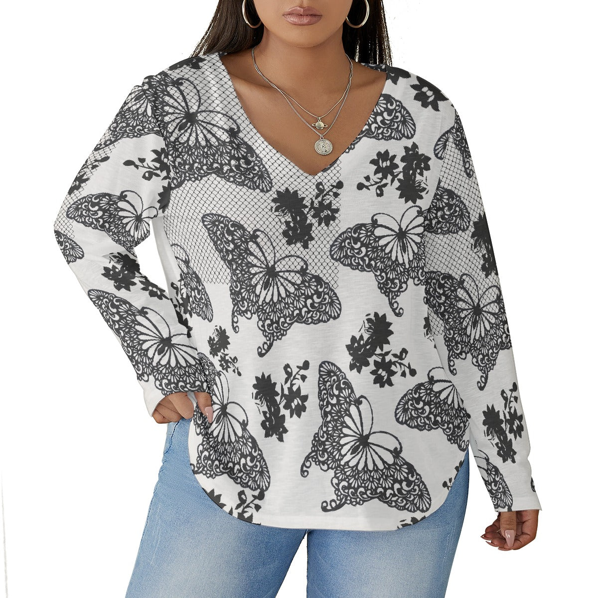 All-Over Print Women's V-neck T-shirt With Curved Hem(Plus Size)