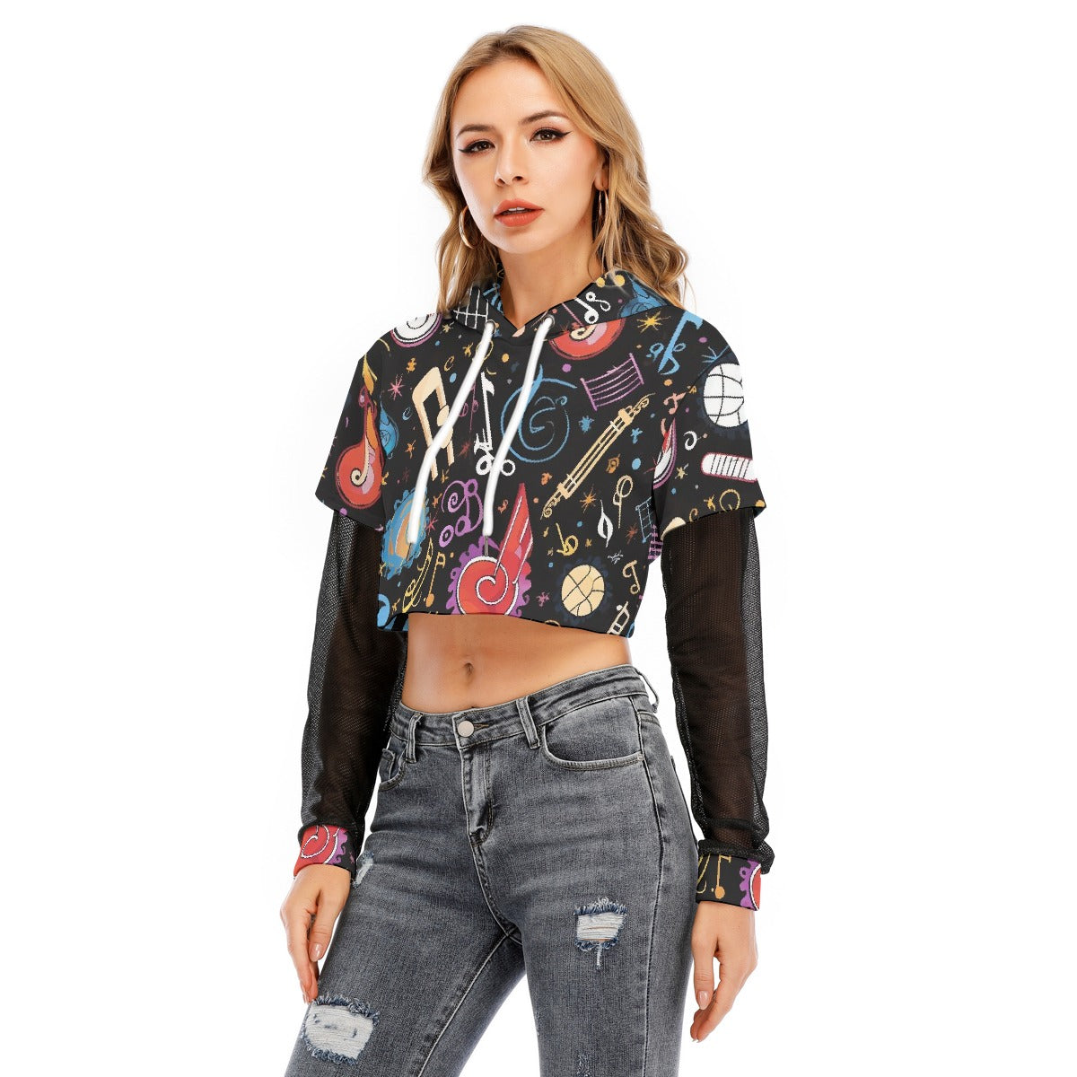 All-Over Print Women's Fake Two-piece Mesh Sleeve Cropped Hoodie