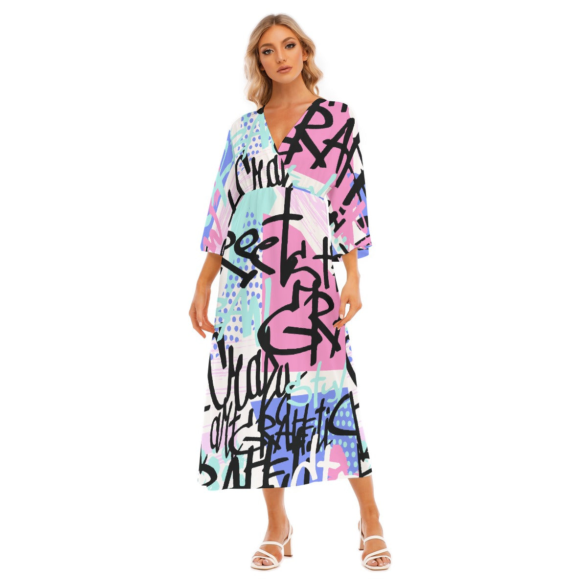 All-Over Print Women's Mid-Sleeve Long Dress