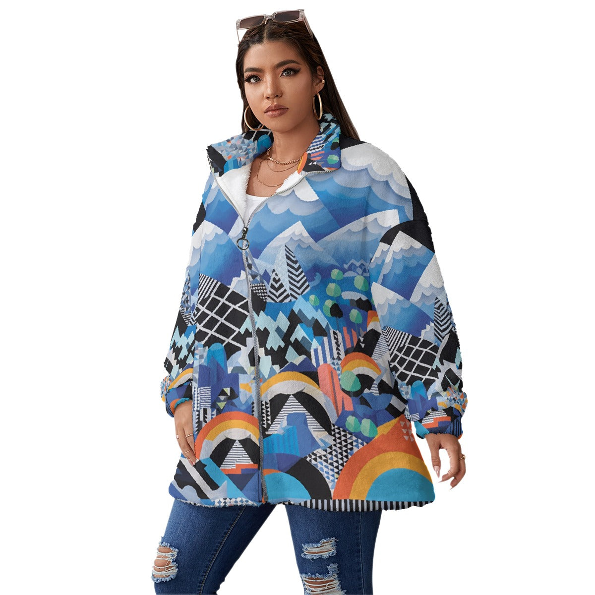 All-Over Print Unisex Borg Fleece Stand-up Collar Coat With Zipper Closure(Plus Size)