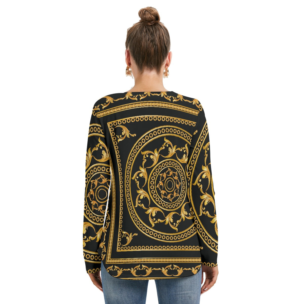 All-Over Print Women's Long Sleeve Neckline Tie Sweatshirt