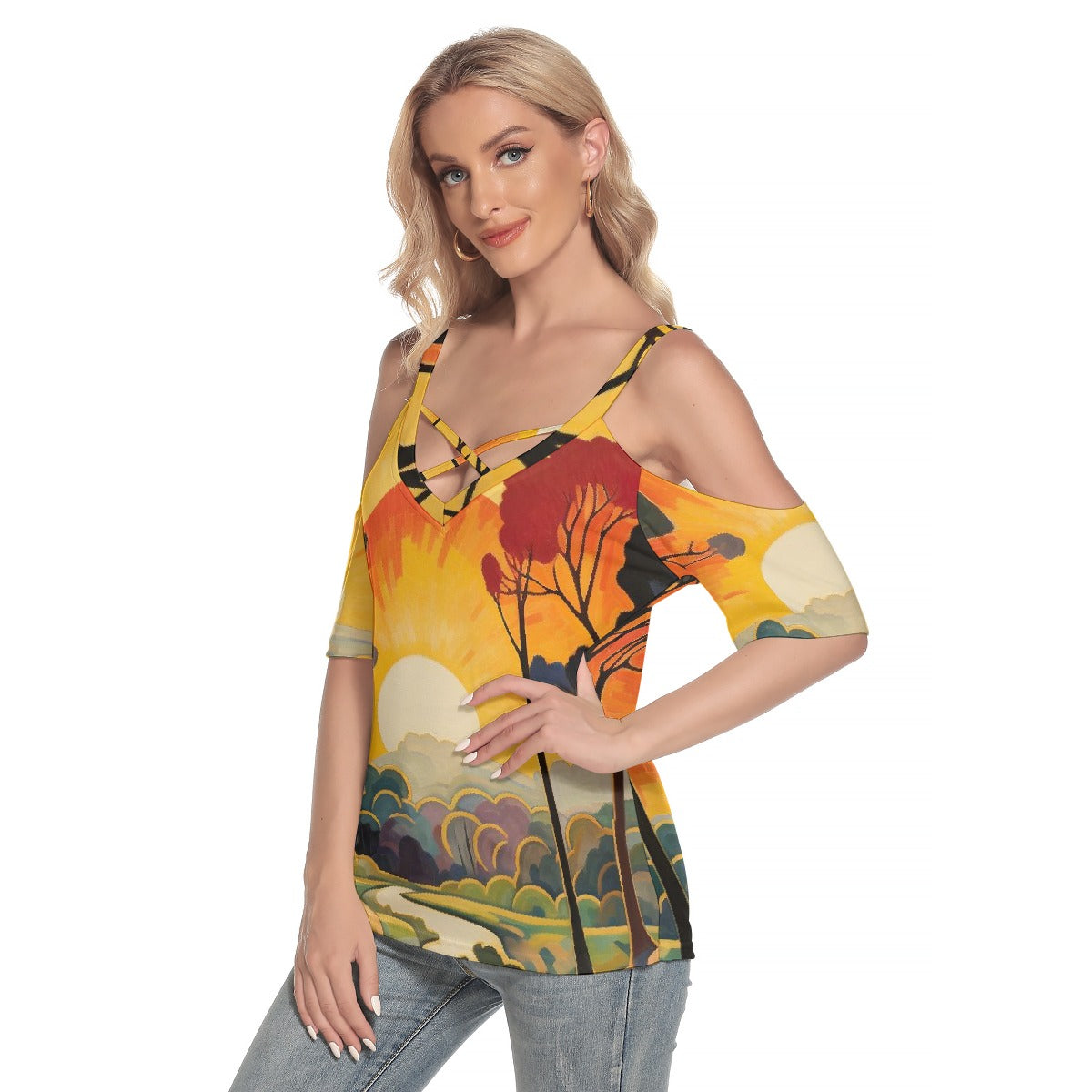 All-Over Print Women's Cold Shoulder T-shirt With Criss Cross Strips