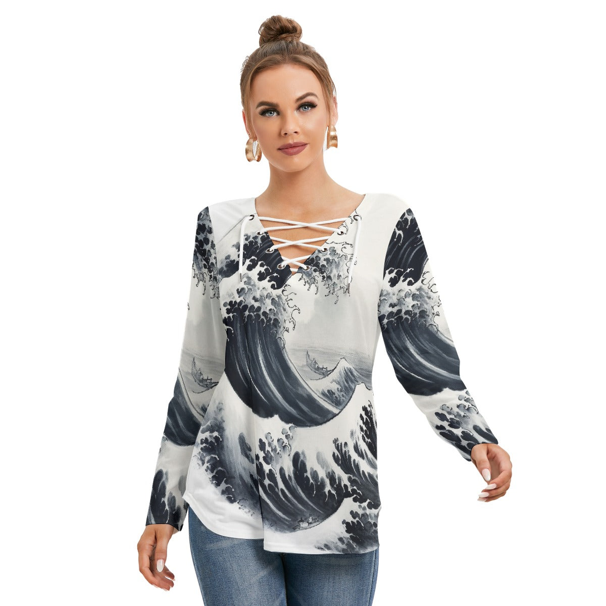 All-Over Print Women's Long Sleeve Neckline Tie Sweatshirt