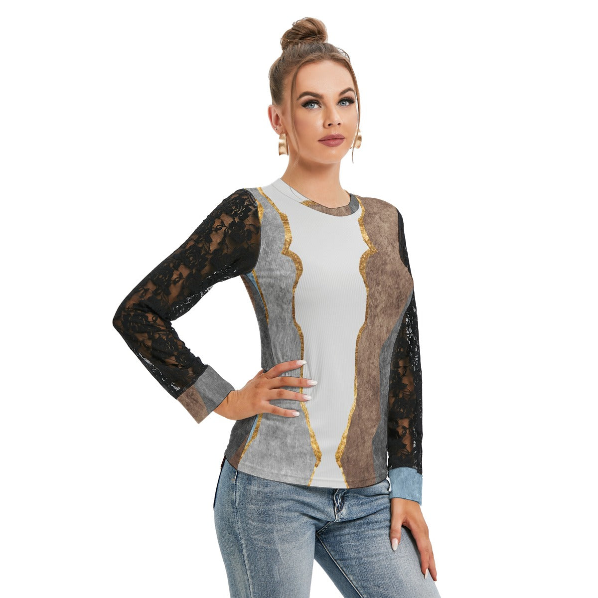 All-Over Print Women's T-shirt And Sleeve With Black Lace