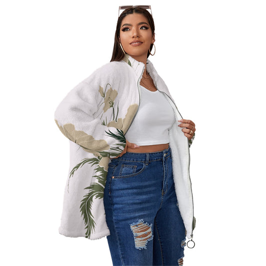 All-Over Print Unisex Borg Fleece Stand-up Collar Coat With Zipper Closure(Plus Size)