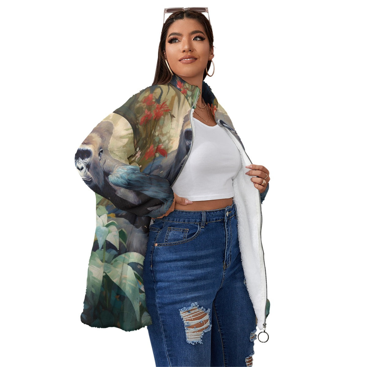 All-Over Print Unisex Borg Fleece Stand-up Collar Coat With Zipper Closure(Plus Size)