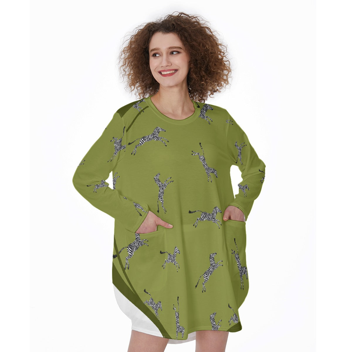 All-Over Print Women's Casual Loose Long Sleeve Dress With Pocket