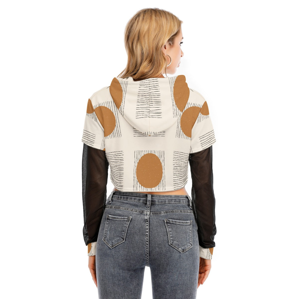 All-Over Print Women's Fake Two-piece Mesh Sleeve Cropped Hoodie