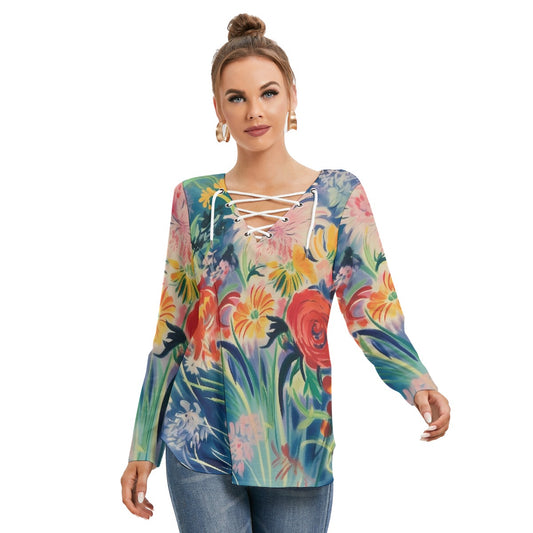 All-Over Print Women's Long Sleeve Neckline Tie Sweatshirt