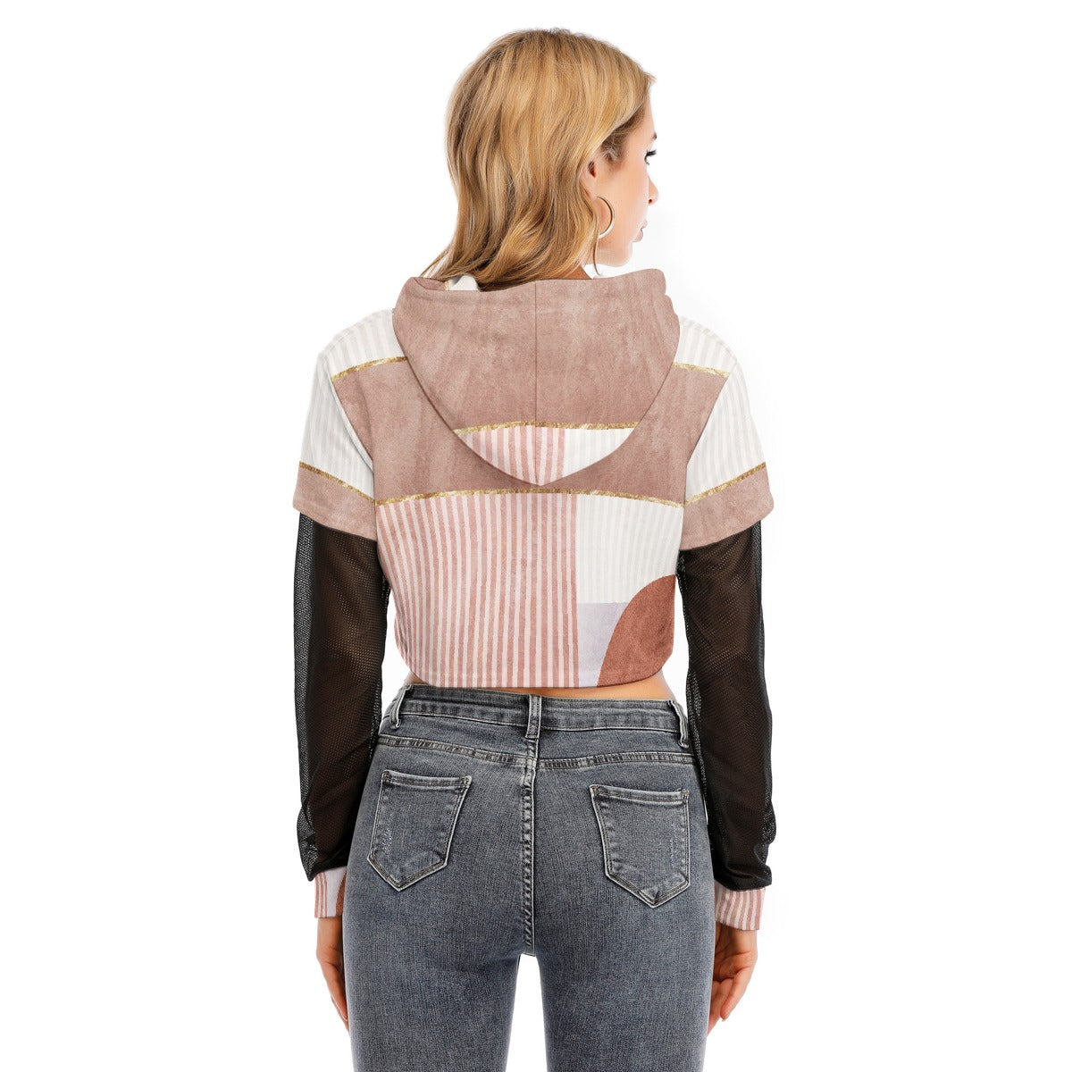 All-Over Print Women's Fake Two-piece Mesh Sleeve Cropped Hoodie