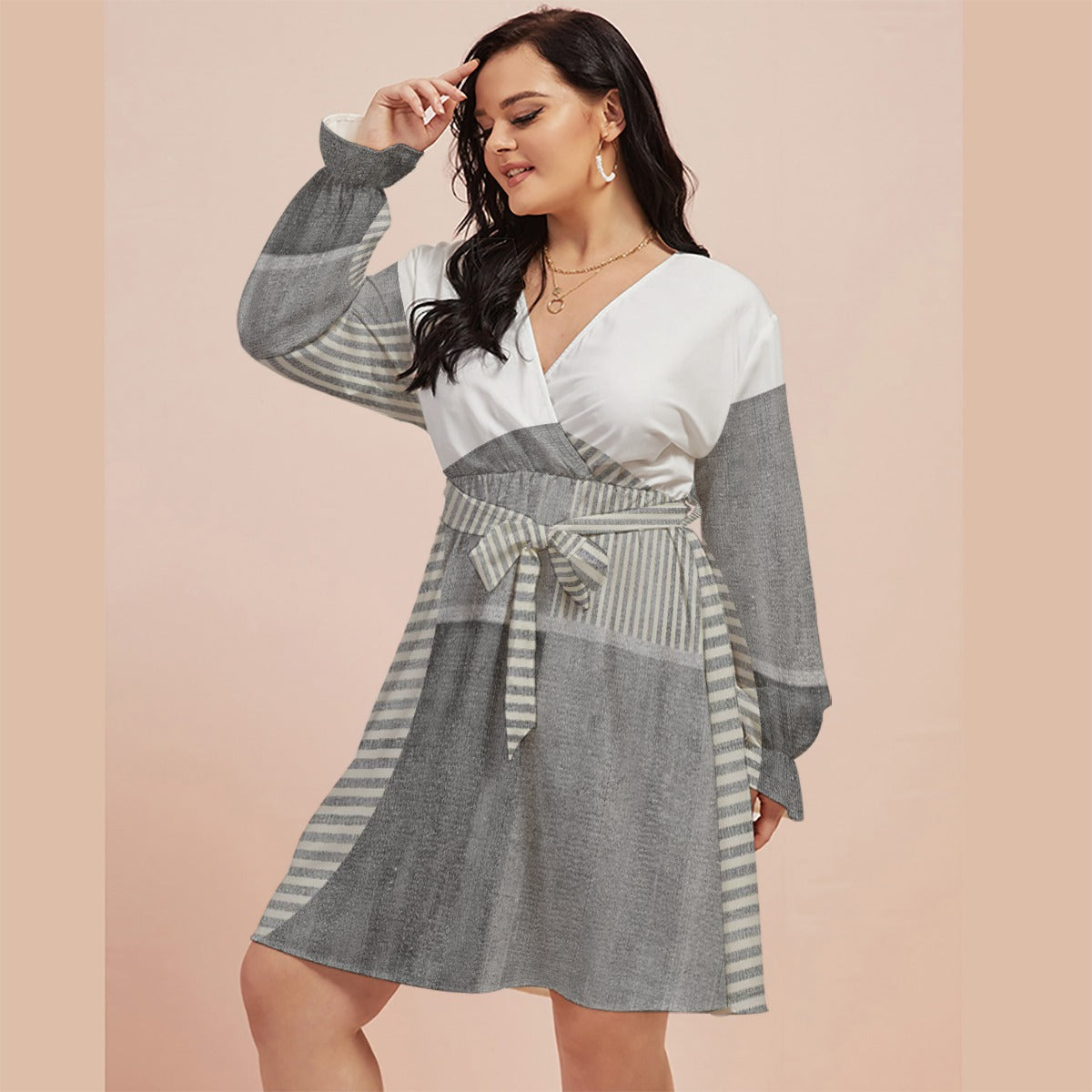 All-Over Print Women's V-neck Dress With Waistband(Plus Size)