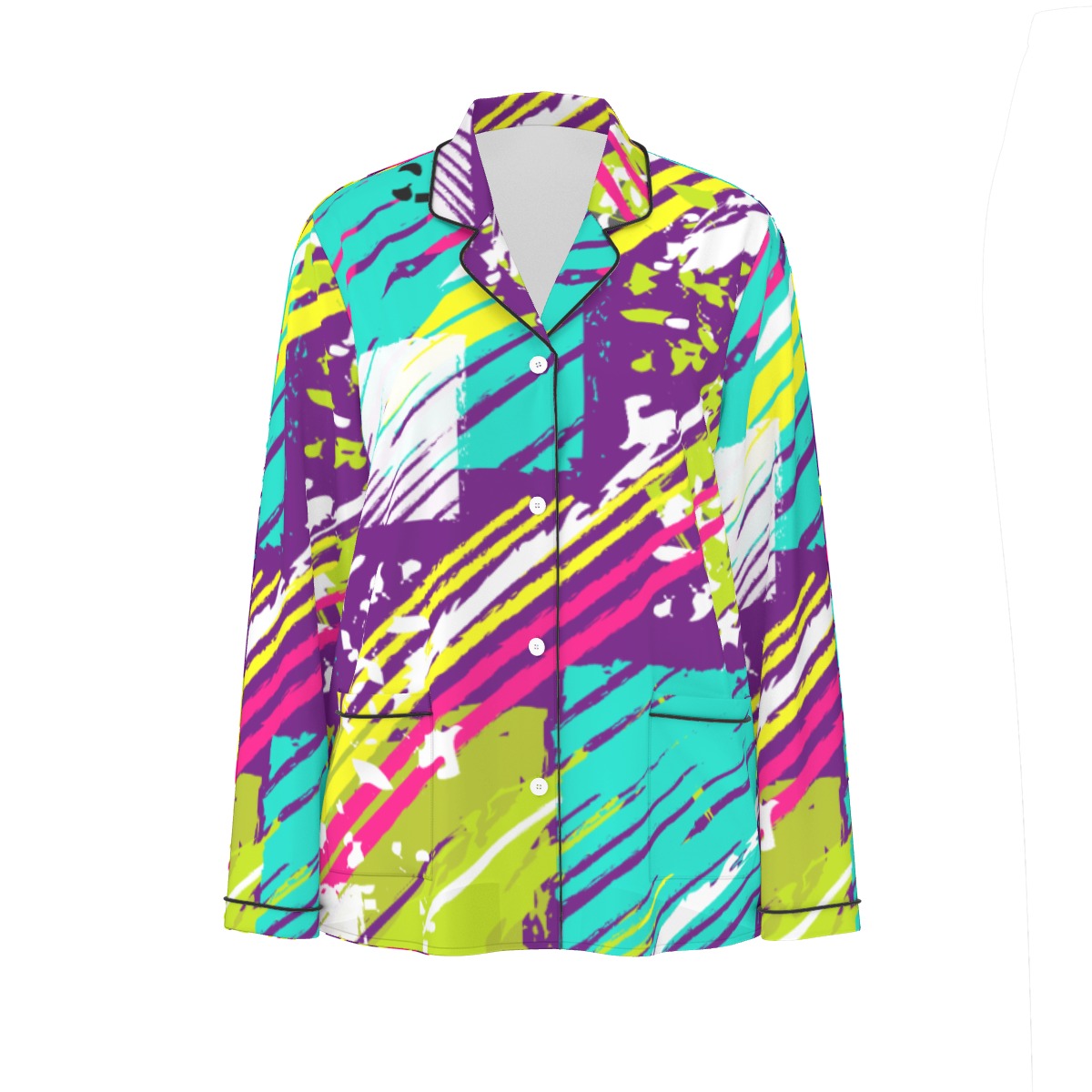 All-Over Print Women's Long Sleeve Pajama Set With Black Contrast Piping