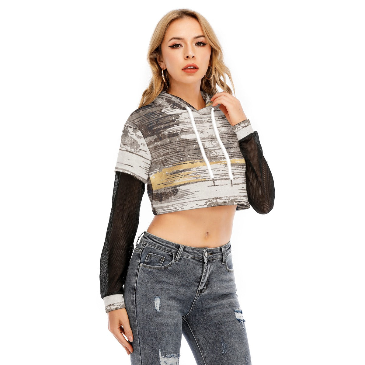 All-Over Print Women's Fake Two-piece Mesh Sleeve Cropped Hoodie