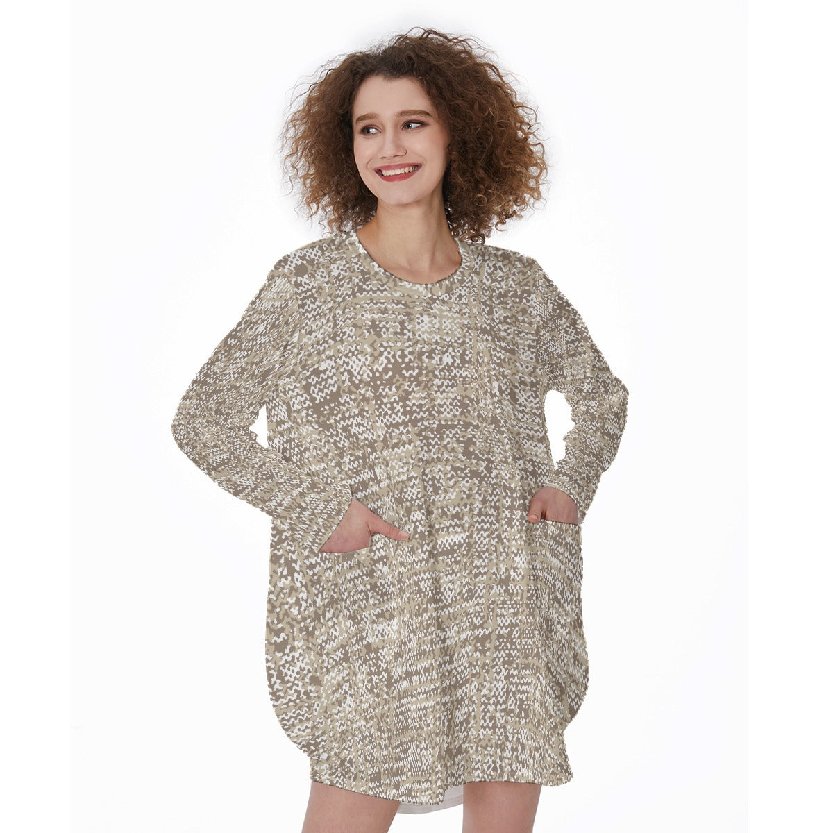 All-Over Print Women's Casual Loose Long Sleeve Dress With Pocket