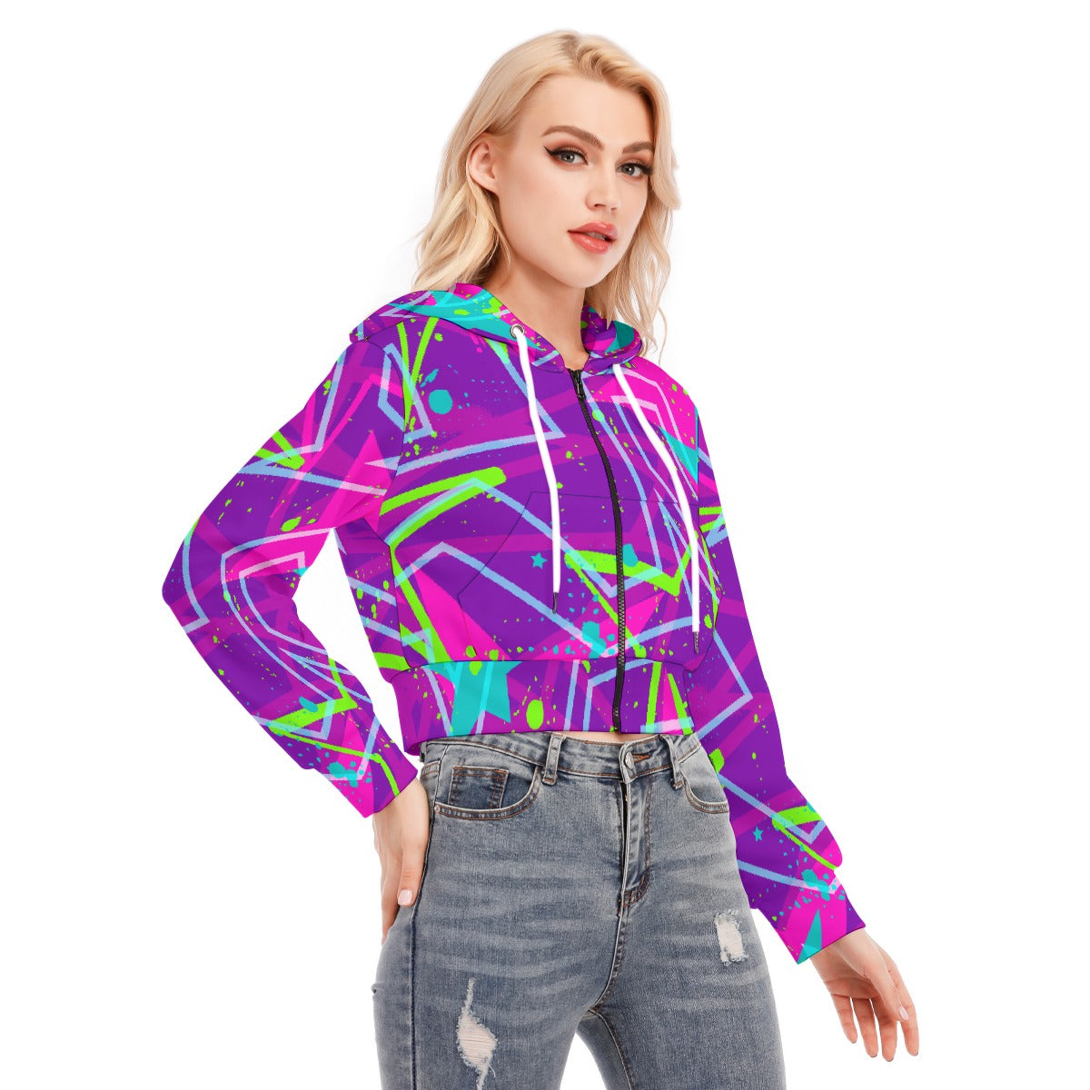All-Over Print Women's Crop Top Hoodie With Zipper Closure