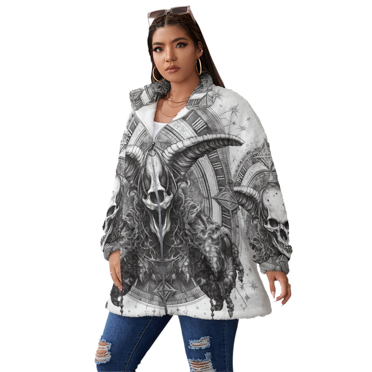 All-Over Print Unisex Borg Fleece Stand-up Collar Coat With Zipper Closure(Plus Size)
