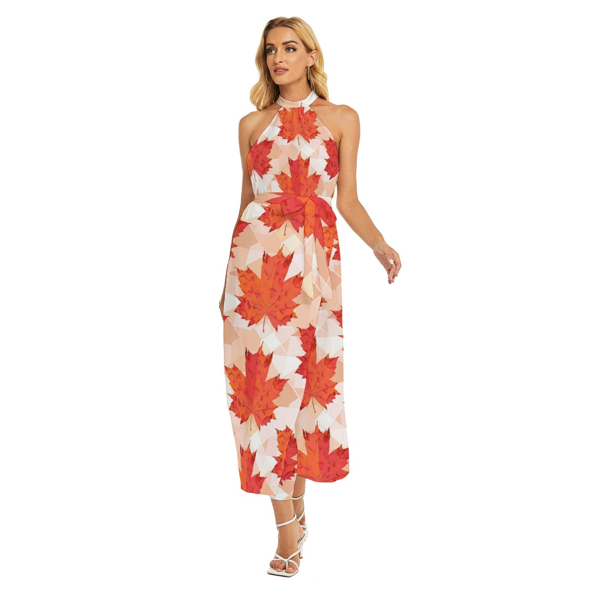 All-Over Print Women's Wrap Hem Belted Halter Dress