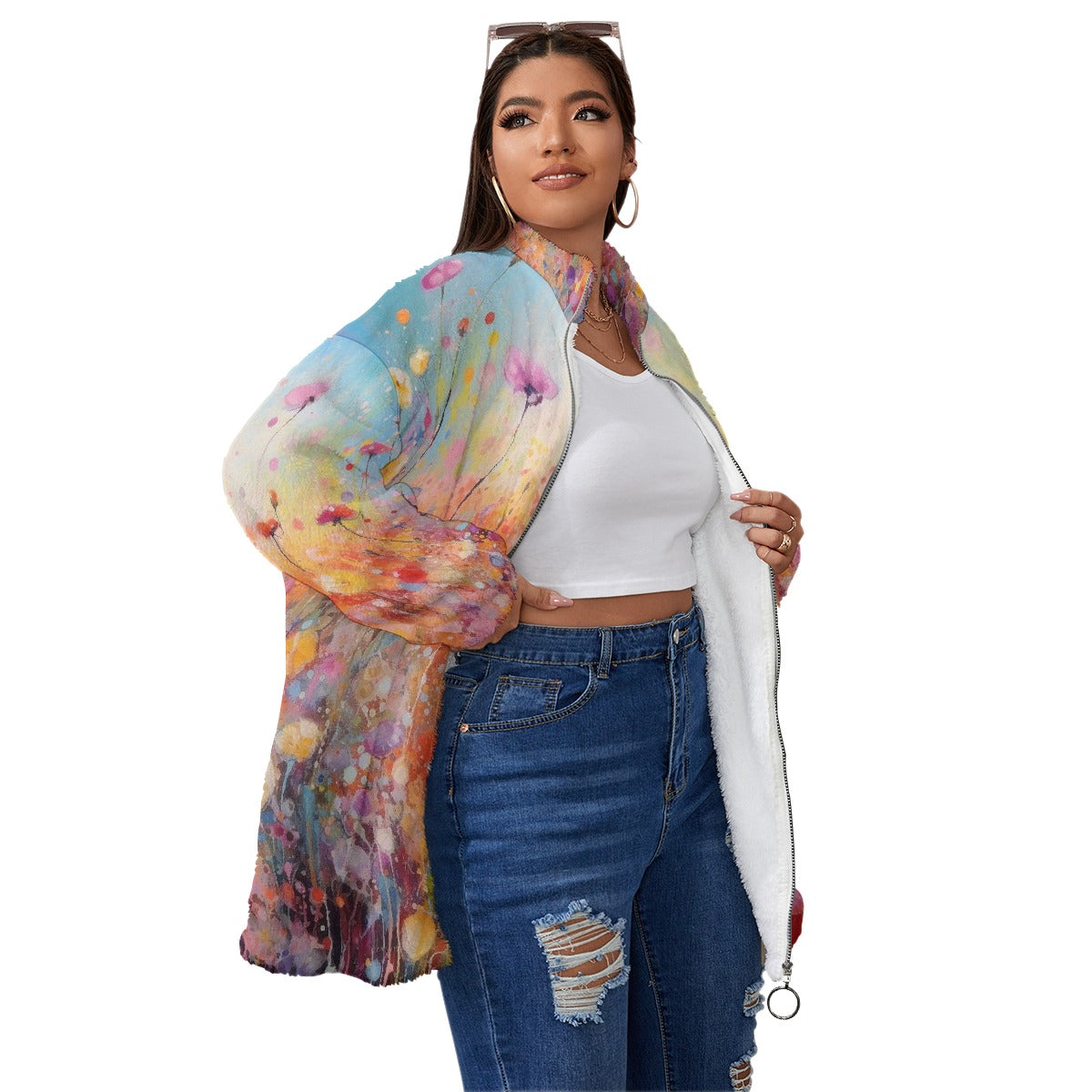 All-Over Print Unisex Borg Fleece Stand-up Collar Coat With Zipper Closure(Plus Size)