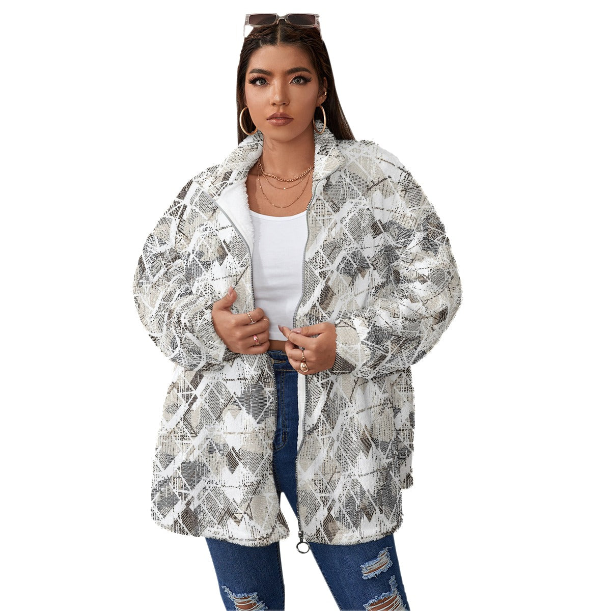 All-Over Print Unisex Borg Fleece Stand-up Collar Coat With Zipper Closure(Plus Size)