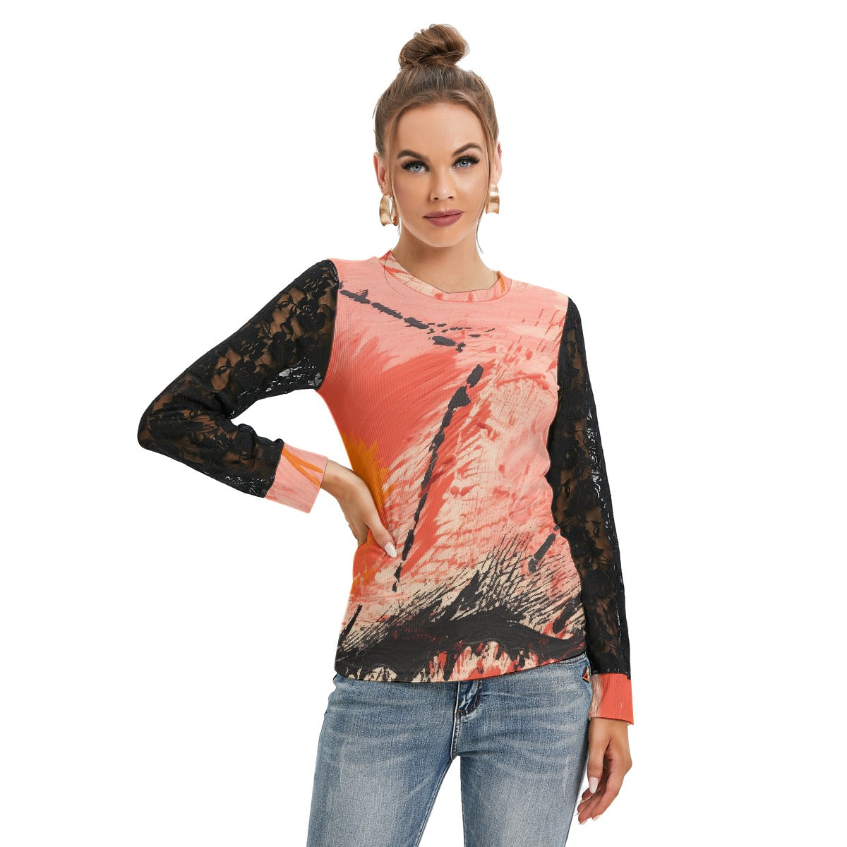 All-Over Print Women's T-shirt And Sleeve With Black Lace
