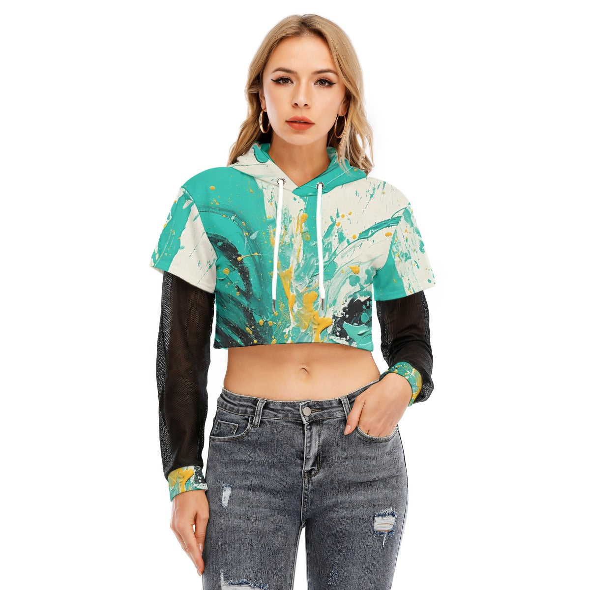 All-Over Print Women's Fake Two-piece Mesh Sleeve Cropped Hoodie