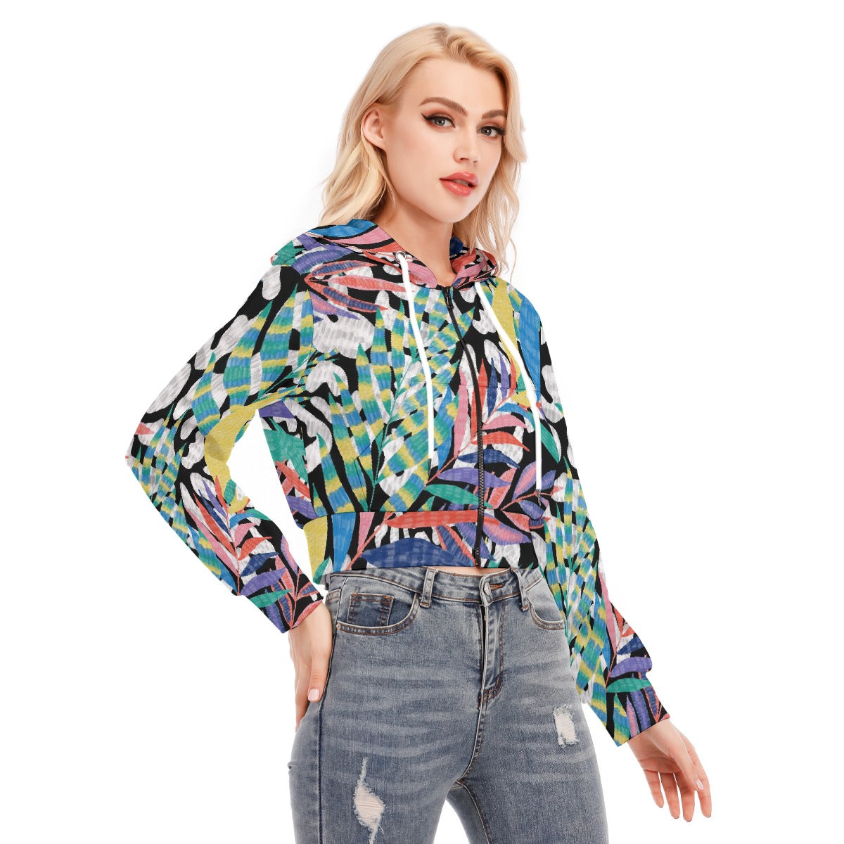 All-Over Print Women's Crop Top Hoodie With Zipper Closure