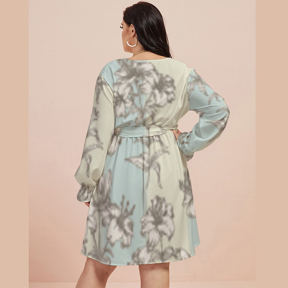 All-Over Print Women's V-neck Dress With Waistband(Plus Size)