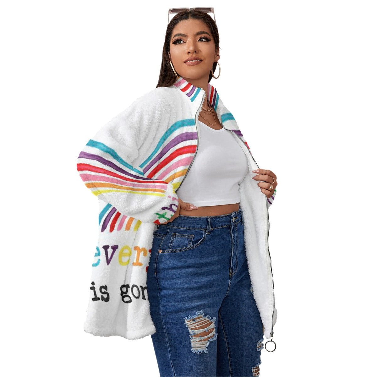 All-Over Print Unisex Borg Fleece Stand-up Collar Coat With Zipper Closure(Plus Size)