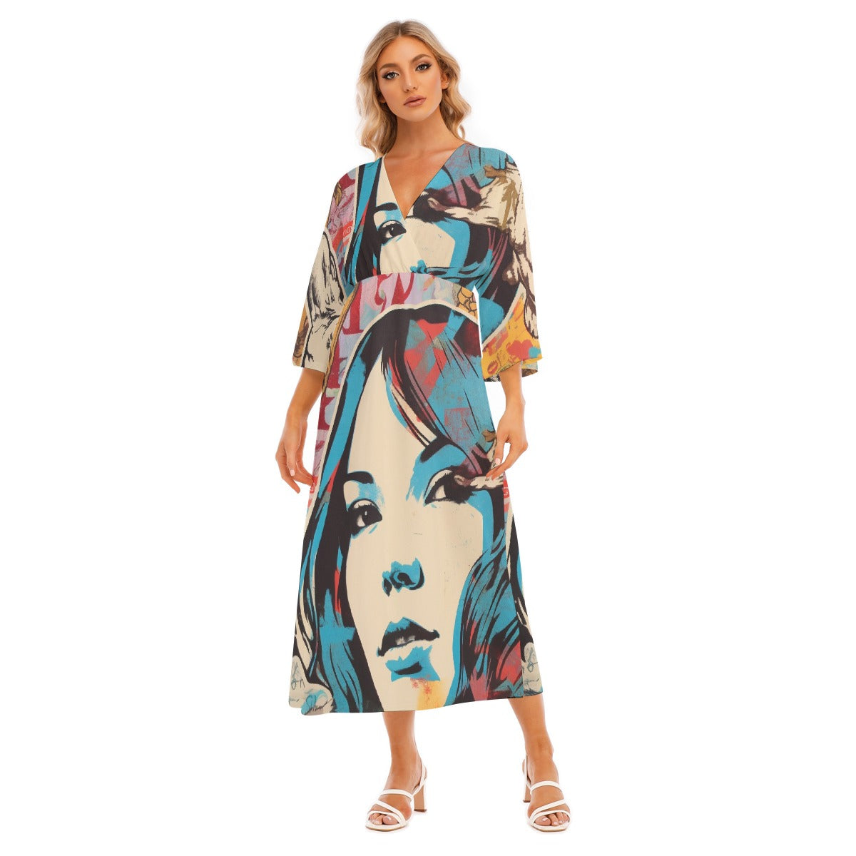 All-Over Print Women's Mid-Sleeve Long Dress