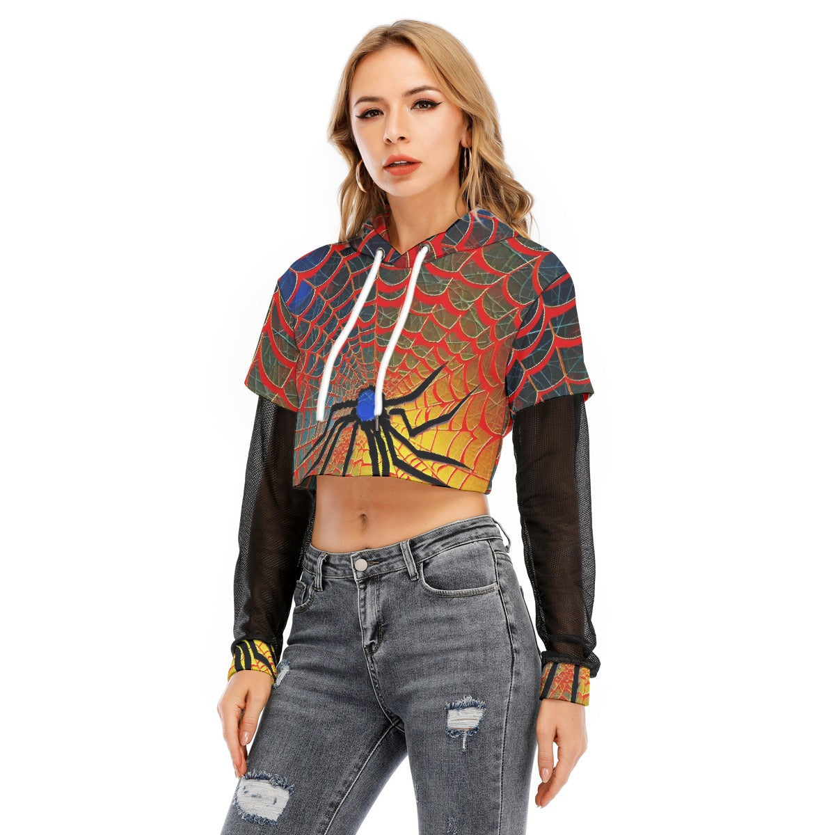 All-Over Print Women's Fake Two-piece Mesh Sleeve Cropped Hoodie