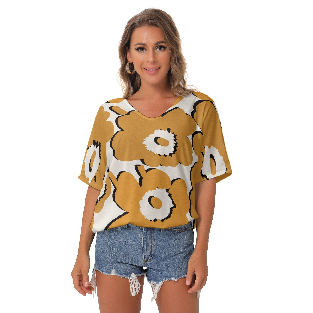 All-Over Print Women's Bat Sleeves V-Neck Blouse
