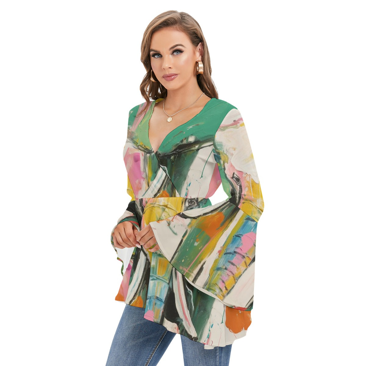 All-Over Print Women's V-neck Blouse With Flared Sleeves