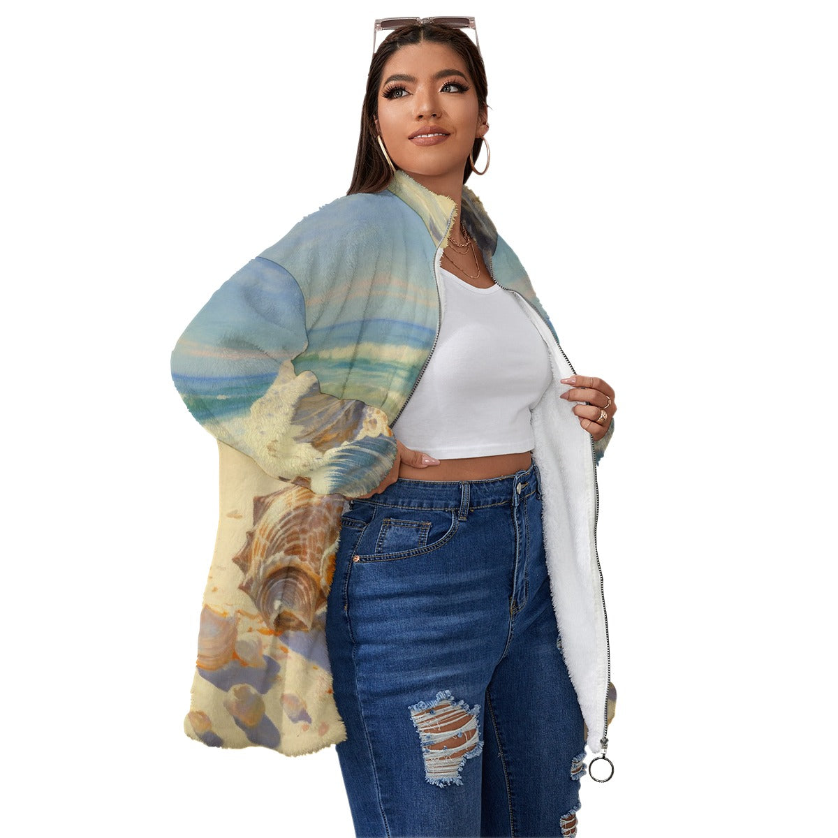 All-Over Print Unisex Borg Fleece Stand-up Collar Coat With Zipper Closure(Plus Size)