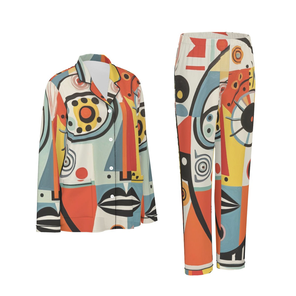 All-Over Print Women's Long Sleeve Pajama Set With Black Contrast Piping