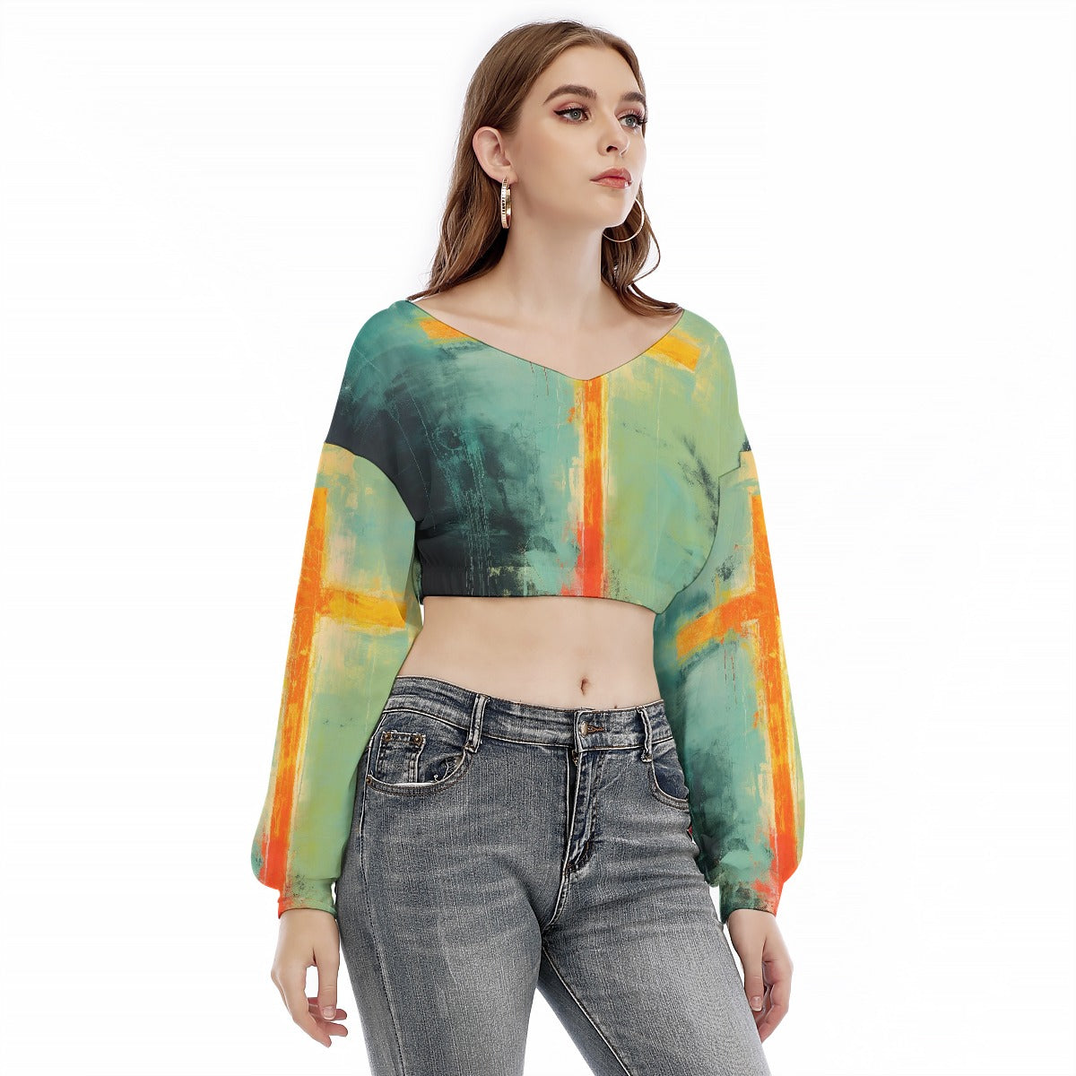 All-Over Print Women's V-neck Long Sleeve Cropped Sweatshirt