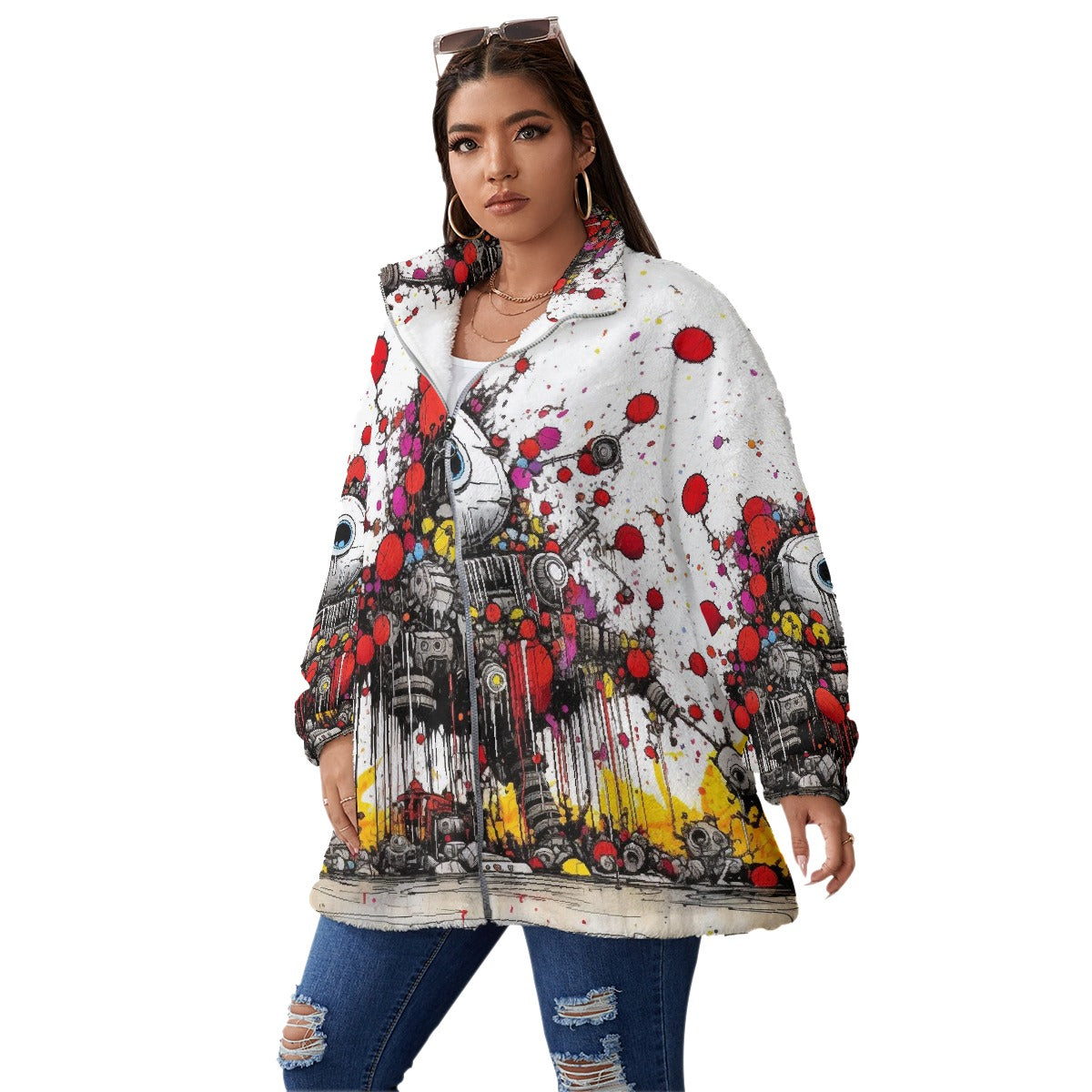 All-Over Print Unisex Borg Fleece Stand-up Collar Coat With Zipper Closure(Plus Size)