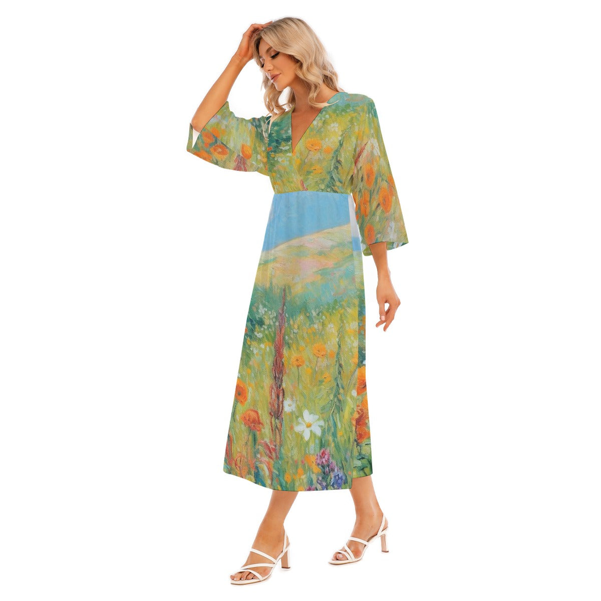 All-Over Print Women's Mid-Sleeve Long Dress