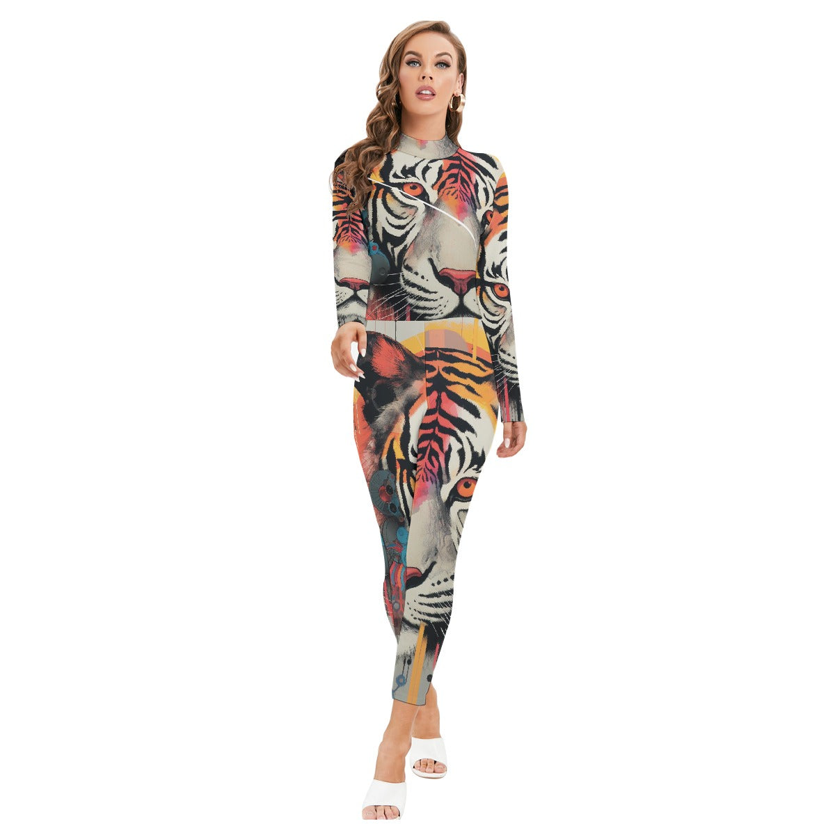 All-Over Print Women's Long-sleeved High-neck Jumpsuit With Zipper