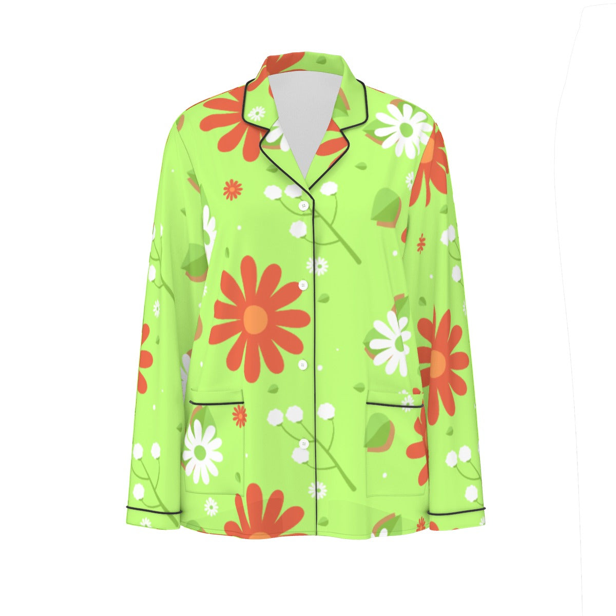 All-Over Print Women's Long Sleeve Pajama Set With Black Contrast Piping