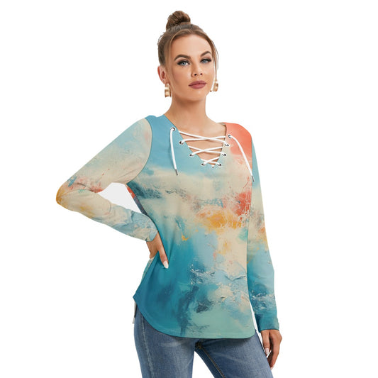 All-Over Print Women's Long Sleeve Neckline Tie Sweatshirt