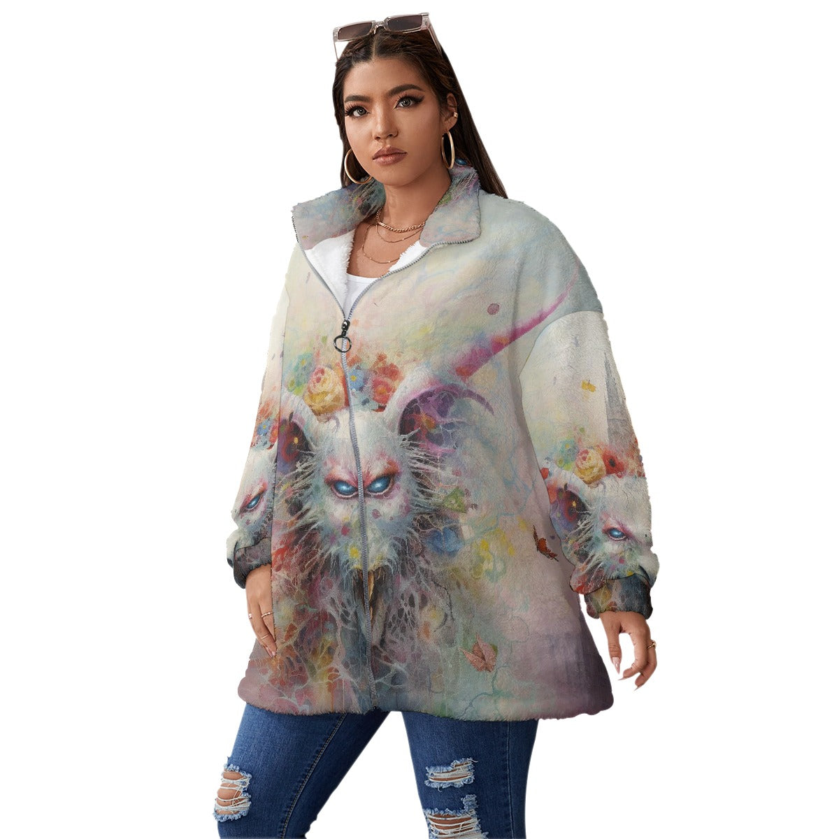 All-Over Print Unisex Borg Fleece Stand-up Collar Coat With Zipper Closure(Plus Size)