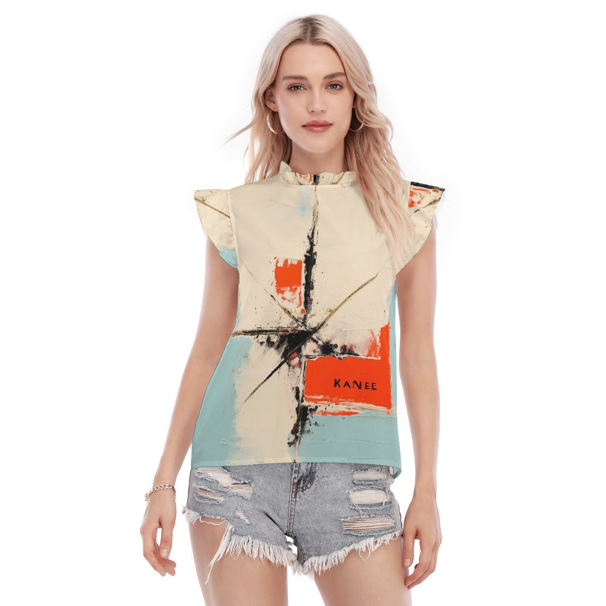 All-Over Print Women's Blouse With Ruffle Collar And Sleeve