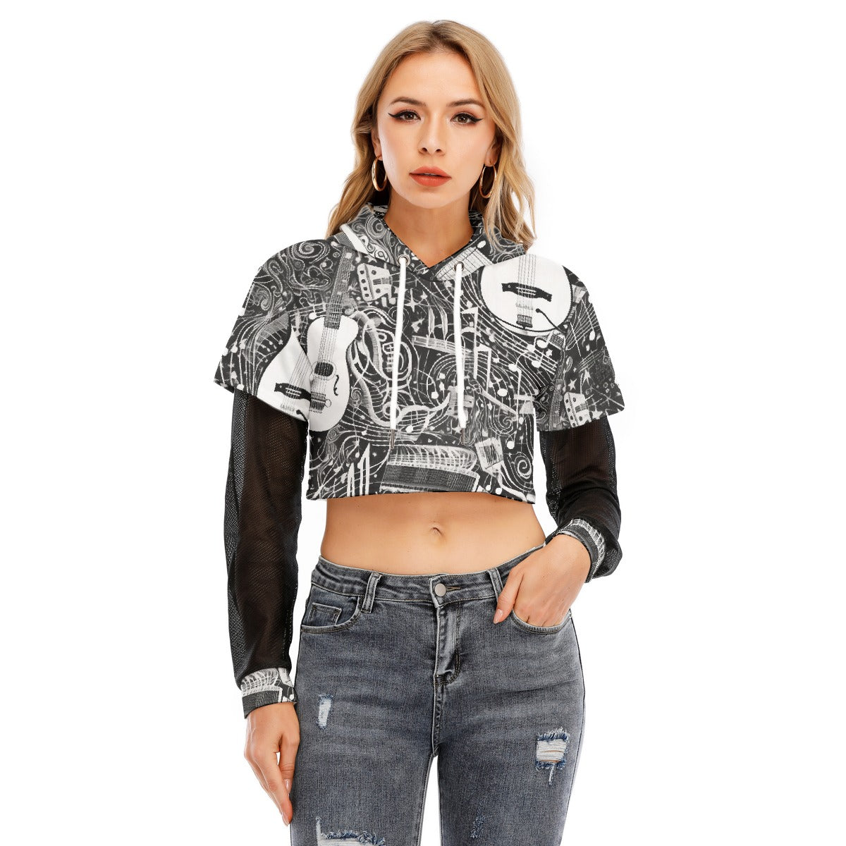 All-Over Print Women's Fake Two-piece Mesh Sleeve Cropped Hoodie