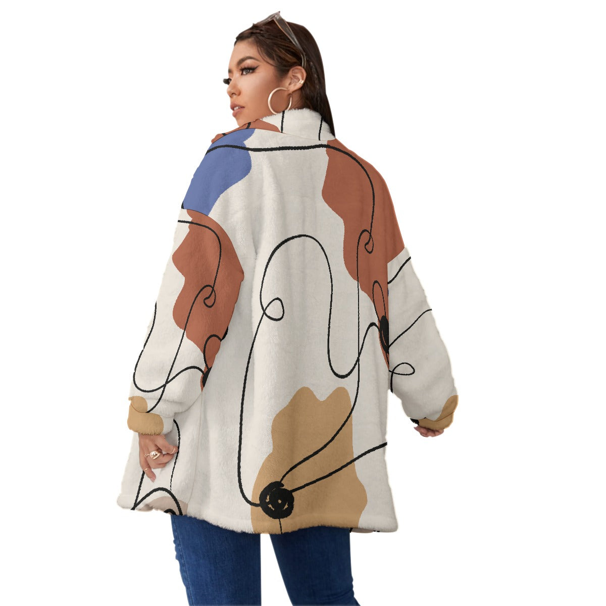 All-Over Print Unisex Borg Fleece Stand-up Collar Coat With Zipper Closure(Plus Size)