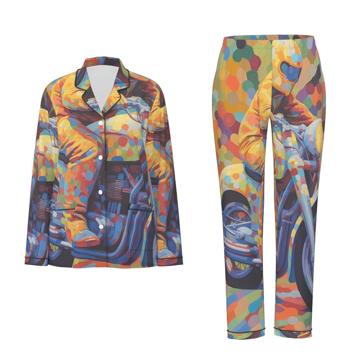 All-Over Print Women's Long Sleeve Pajama Set With Black Contrast Piping