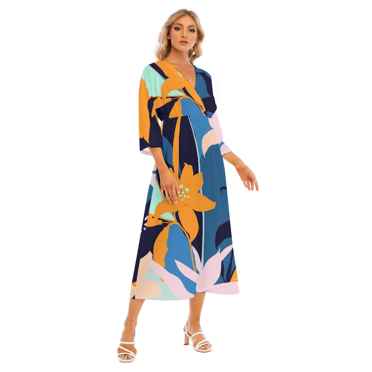 All-Over Print Women's Mid-Sleeve Long Dress
