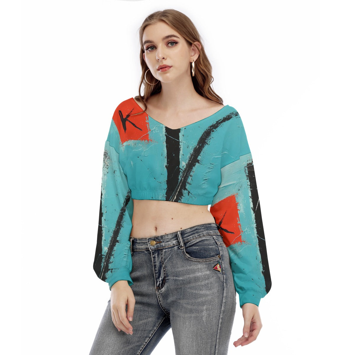 All-Over Print Women's V-neck Long Sleeve Cropped Sweatshirt