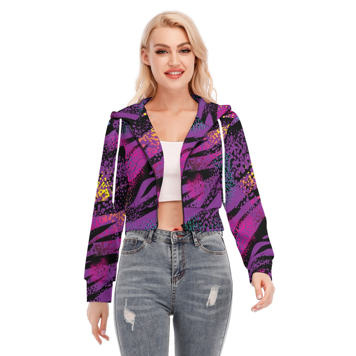 All-Over Print Women's Crop Top Hoodie With Zipper Closure